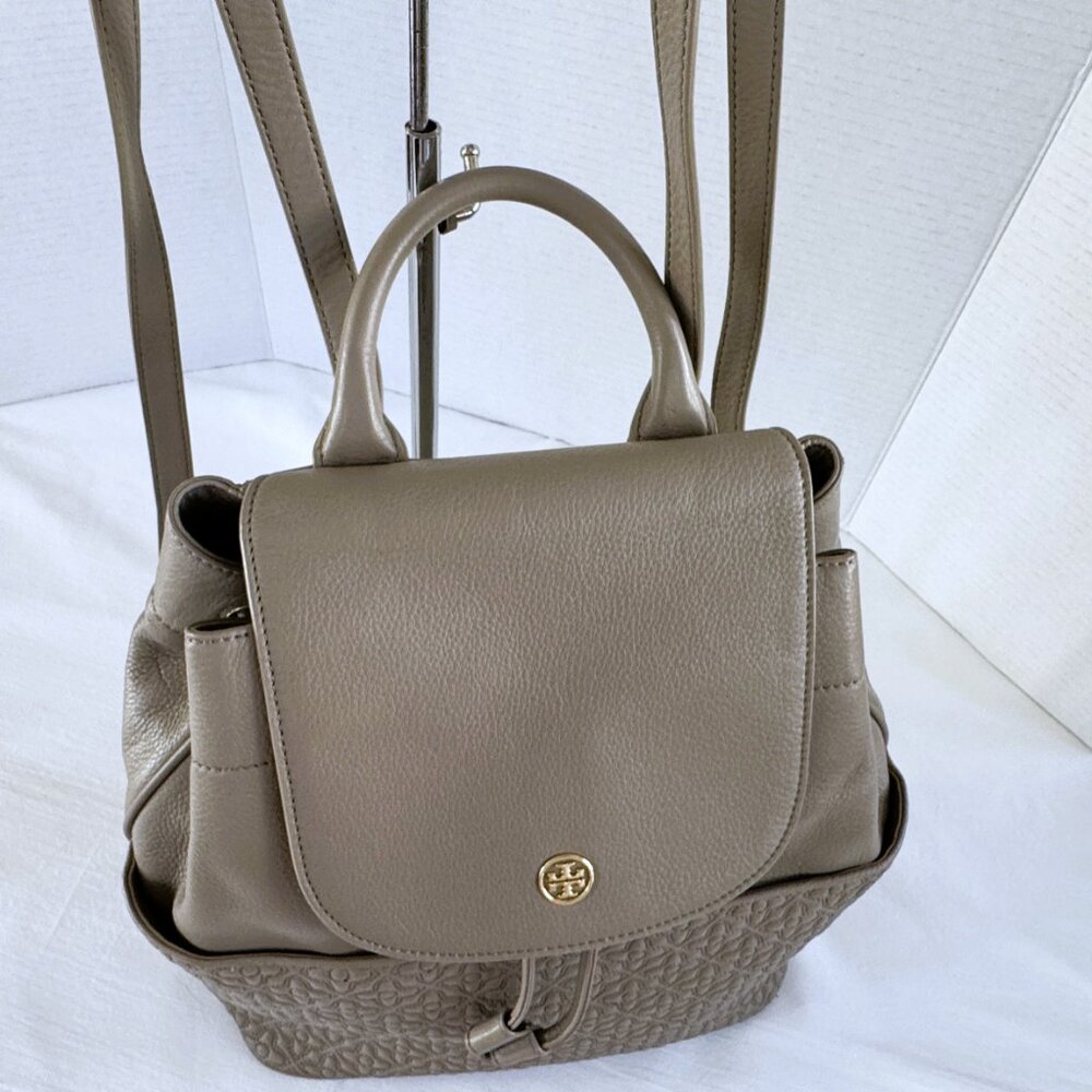 Tory Burch BRYANT Quilted Back Pack Gray Lightly Pebbled Leather Great Cond - Picture 6 of 13